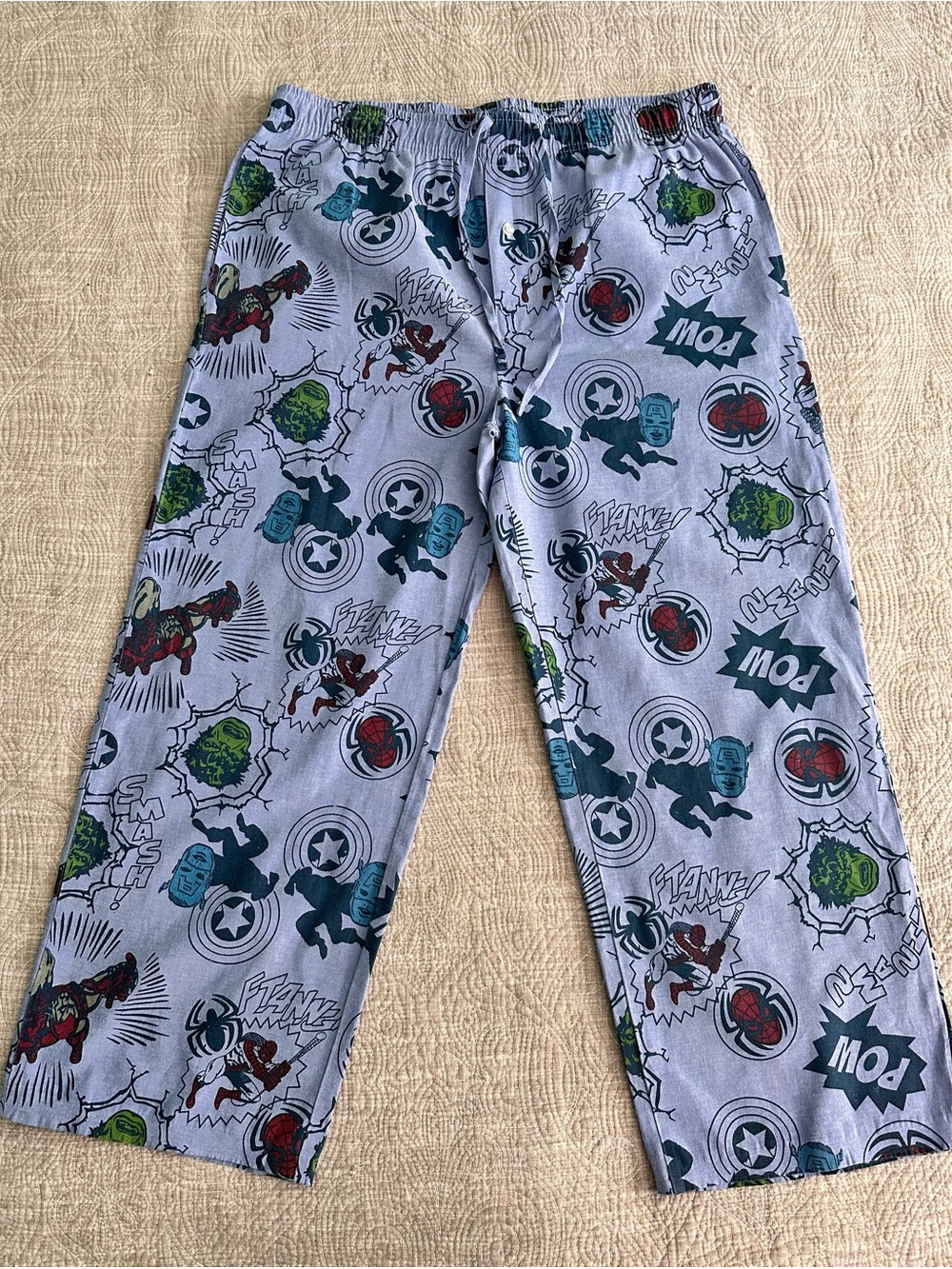 Marvel Boys Light Gray Superhero Pajama Pants with Red Green Blue Accents